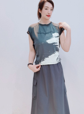 T551 时尚洋气显瘦印花上衣潮流百搭半身裙休闲气质套裙