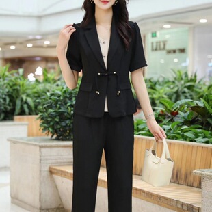 8A57 时尚撞色拼接假两件国风上衣显瘦阔腿裤夏季显瘦气质套裤