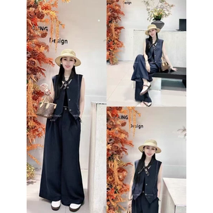 随性时髦百搭老钱风V领马甲长裤 新款 休闲两件套 秋季 D092