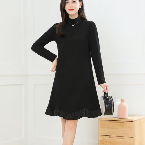 T810 春秋新款时尚荷叶边裙摆高领内搭两件套裙JR