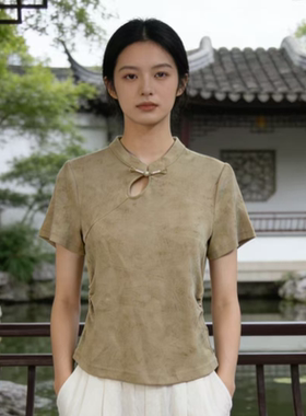 S623 夏季新款新中式气质盘扣镂空褶皱显瘦短袖T恤