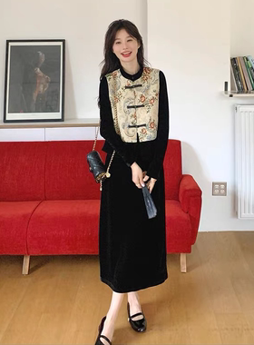 T072 春秋新款新中式国风马甲套丝绒连衣裙穿搭两件套套裙JR