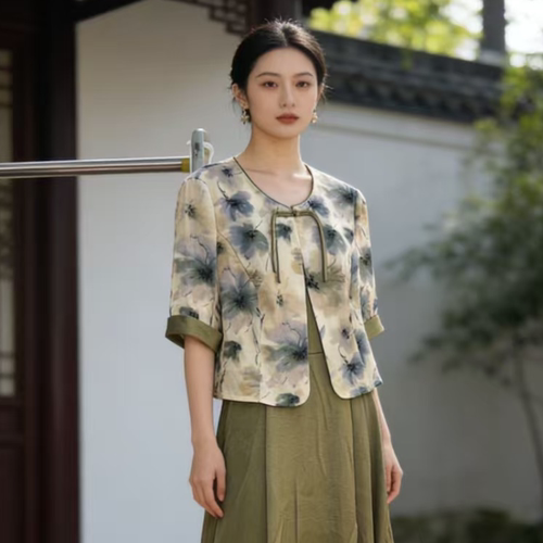 F775 春夏款新中式国风气质印花上衣无袖连衣裙两件套
