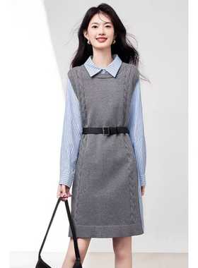 6357 春秋新款时尚休闲拼接撞色假两件连衣裙LY