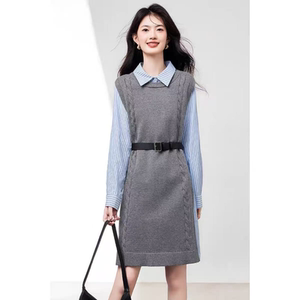 6357 春秋新款时尚休闲拼接撞色假两件连衣裙LY