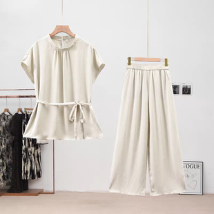 1103 夏款都市冰花暗纹高级感系带收腰上衣阔腿裤两件套套裤JR