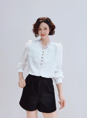 1625 春季新款法式蕾丝花边V领醋酸缎面气质衬衫