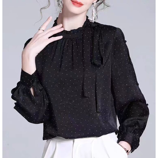 0038 领口系带镂空袖长袖烫钻气质百搭洋气小衫 FS