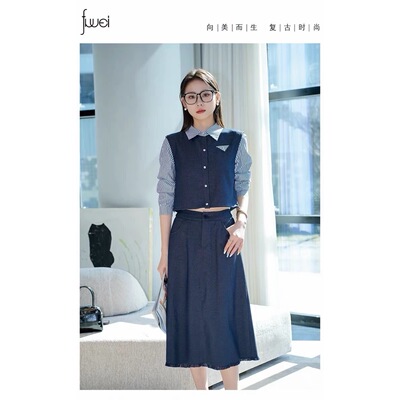 2563 时尚显瘦假两件拼接衬衫半身裙两件套套裙