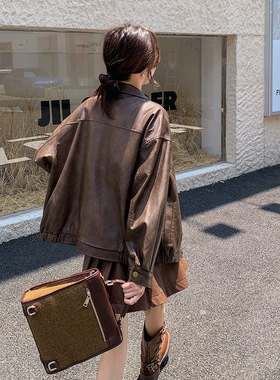 实拍美式复古炸街棕色pu皮衣外套女春秋2026新款小个子机车服上衣
