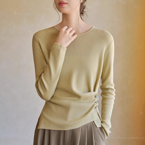 见衫JANSAN 精纺羊毛圆领不规则褶皱设计下摆长袖打底针织衫女