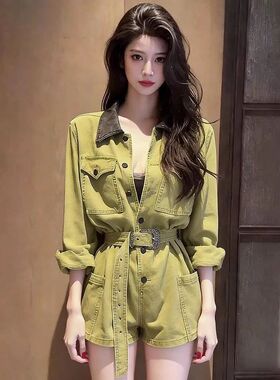 现货 2026春炸街爆款慵懒风欧货洋气高腰气质女神范绿色连体裤女