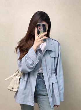 现货 2026超火减龄蓝色中长款工装夹克小香风收腰正肩外套女款春