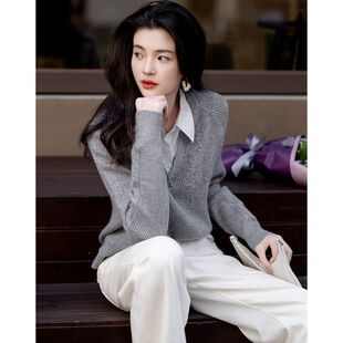 春秋简约风通勤拼接翻领舒柔纤绒纱遮肉针织衫 女上衣