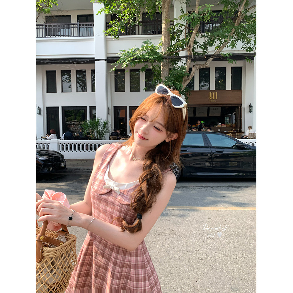 thepeachofficial【康普顿学院】粉色格子撞色蝴蝶结背心连衣裙春