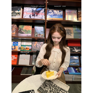 thepeachofficial【法式少女】复古蕾丝镂空花边纯棉衬衫短裙套装