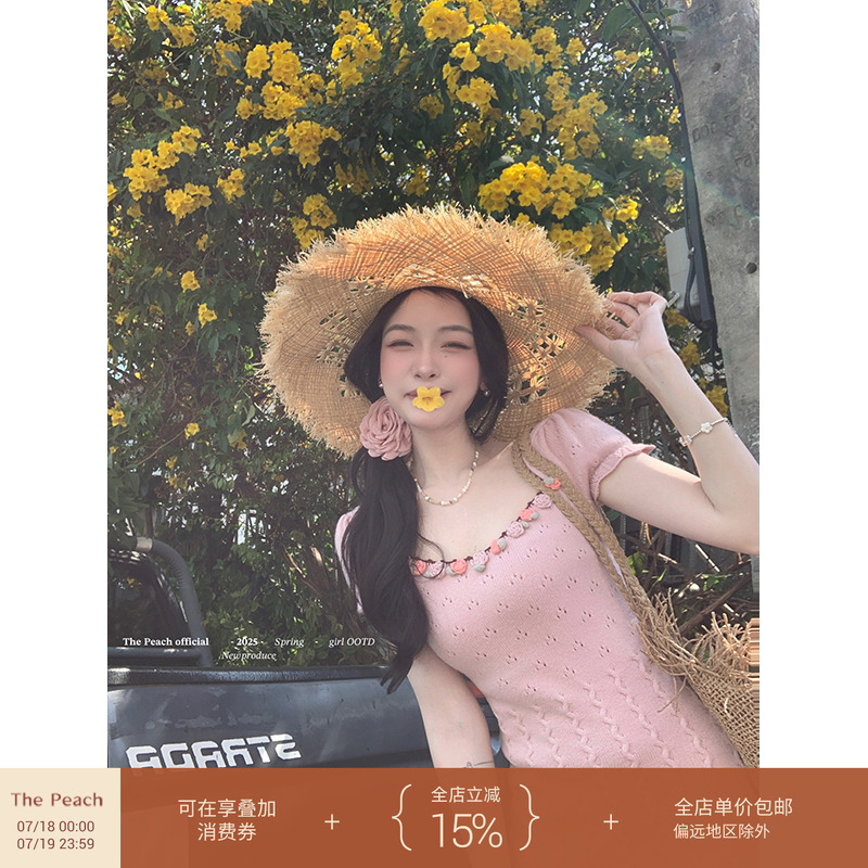 thepeachofficial【伊甸园玫瑰】法式复古手工钩花针织连衣裙女春