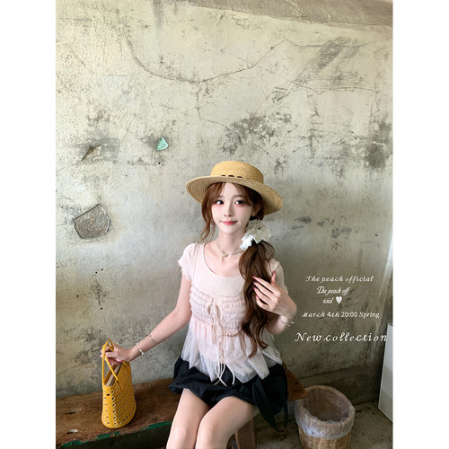 波点网纱上衣吊带蝴蝶结半裙套装