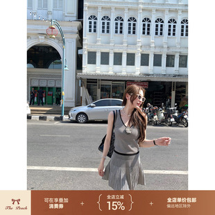 thepeachofficial【恋恋山茶】小香风黑白条纹背心百褶裙套装女夏