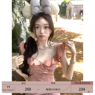 thepeachofficial 轻法式 复古格子收腰连衣裙女鱼尾裙 红白舞会