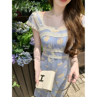 thepeachofficial【芙罗拉花市】法式蕾丝收腰碎花连衣裙茶歇裙女