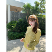 绞花马海毛羊毛针织毛衣 黄色圆领长袖 thepeachofficial 哈瓦那