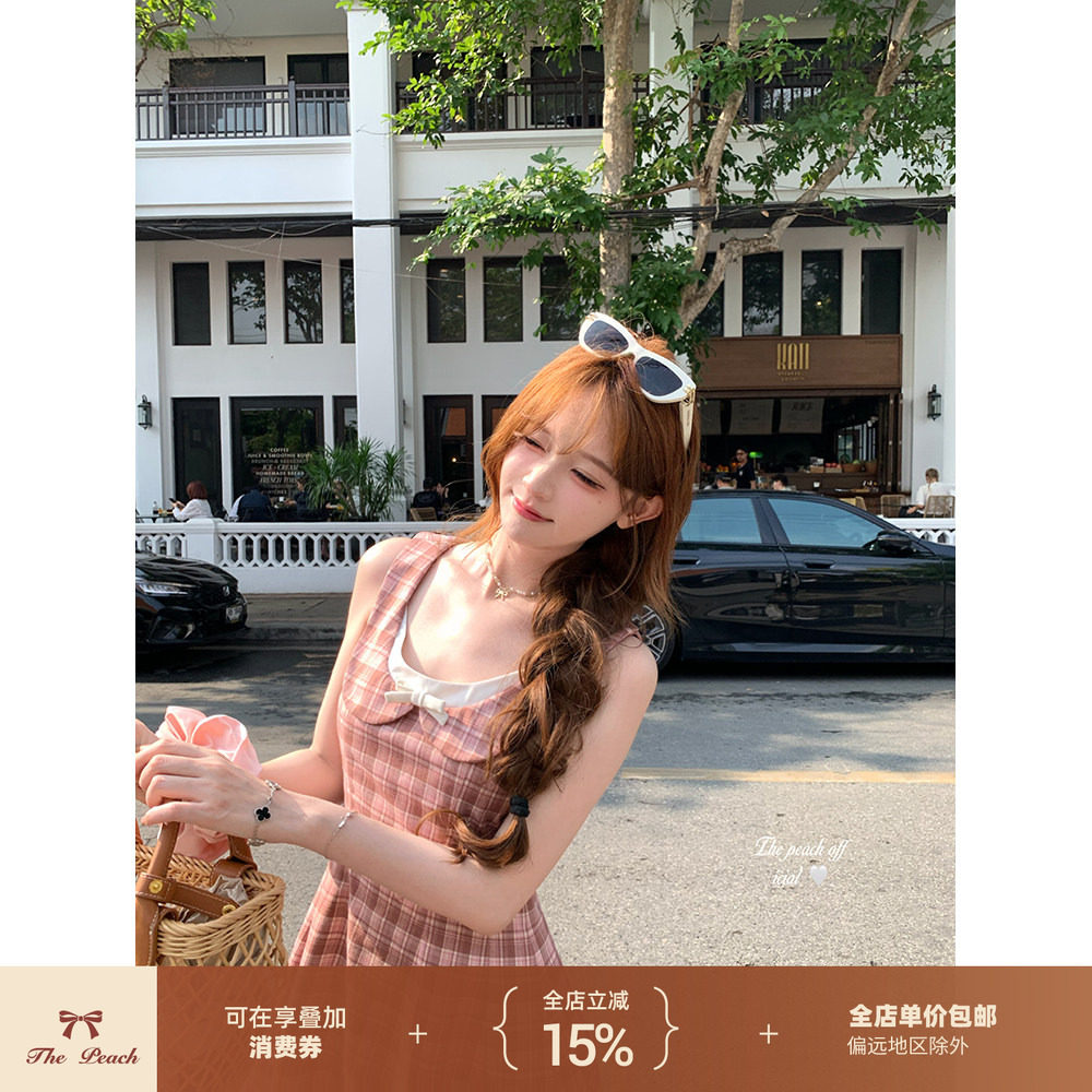 thepeachofficial【康普顿学院】粉色格子撞色蝴蝶结背心连衣裙春