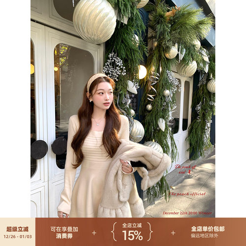 法式大方领收腰蓬蓬针织连衣裙