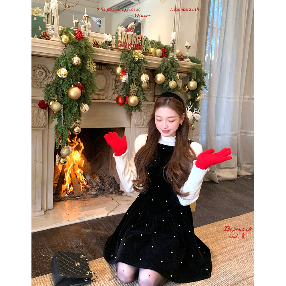thepeachofficial【蒂沃利乐园】法式赫本千金风镶珠丝绒背心裙套