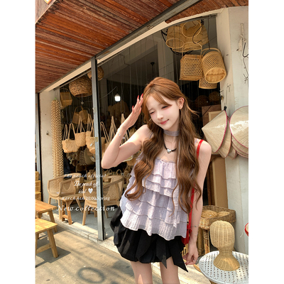 少女波点层叠荷叶边吊带上衣