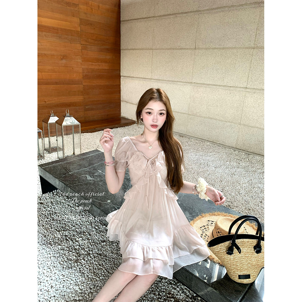 thepeachofficial【柔光漫纱】法式高级感粉色荷叶边网纱连衣裙女