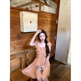 thepeachofficial【落日鎏光】法式温柔风荷叶边无袖连衣裙仙女裙