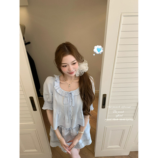 thepeachofficial【沁蓝绣夏】温柔风压褶木耳边衬衫花苞裙套装女