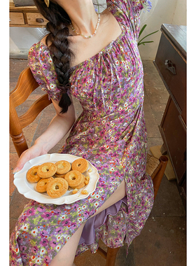 MICHELLYMO法式复古碎花连衣裙方领收腰紫色油画风中长款茶歇裙