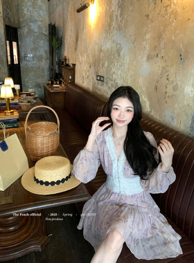 thepeachofficial【费尼兹花园】法式紫色蕾丝碎花长袖连衣裙女春