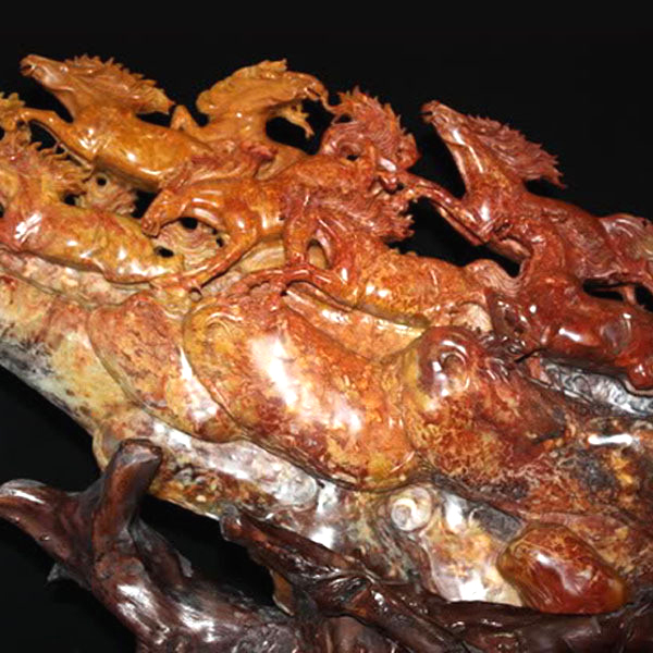 寿山石摆件老岭石八骏马 万马奔腾 群马双面圆雕精品大摆件裕和轩