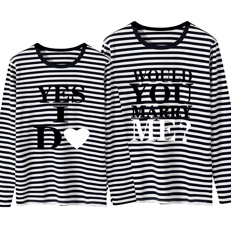 情侣装上衣西式求婚嫁给我吧字母MARRY ME有机棉条纹短袖纯棉T恤