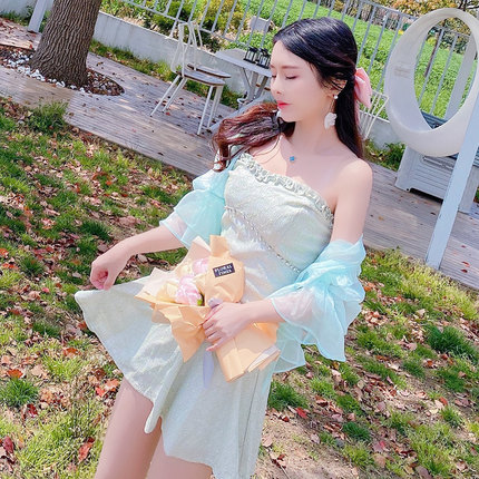 甜美清新豆沙绿礼服裙连体裤木耳边一字领露肩抹胸裙