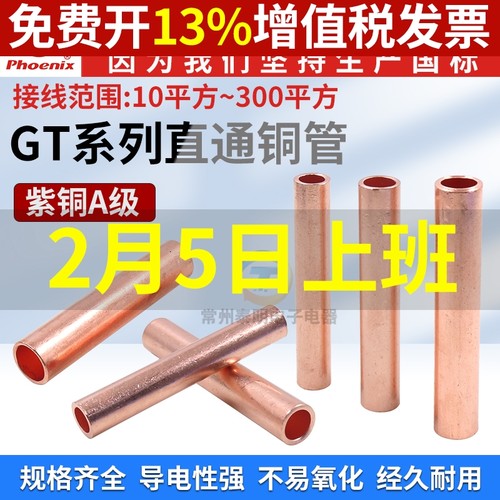 凤凰GT铜管紫铜连接管国标A级加厚电线接线端子直接电缆对接管10