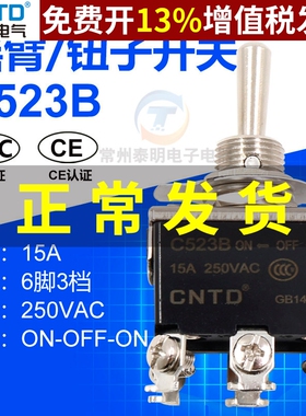 CNTD昌得钮子开关6脚3档C523B摇头摆臂15A双投拨动摇臂纽子扭子妞