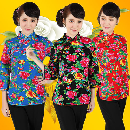 全棉七分袖茶楼工作服旗袍上衣