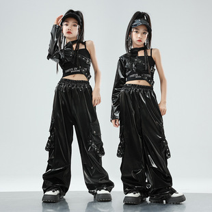 露脐JAZZ街舞演出服女童舞蹈走秀潮服 皮衣套装 儿童爵士舞服装 袖