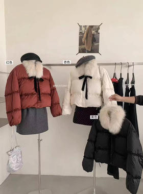 圣诞红大毛领系带蝴蝶结羽绒服女冬缎面保暖90白鸭绒短外套新年装