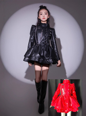 《正经的黑与红》女童黑色红色皮连衣裙骑士军阀风T台双人走秀服