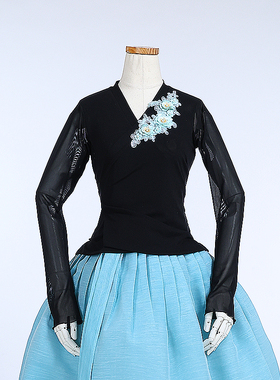 朝鲜族舞蹈练习腰裙练功服黑色网纱上衣紫薇纱裙子U24305