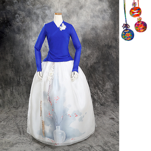 朝鲜族舞蹈练习腰裙练功服宝蓝色网纱上衣花裙子U24211
