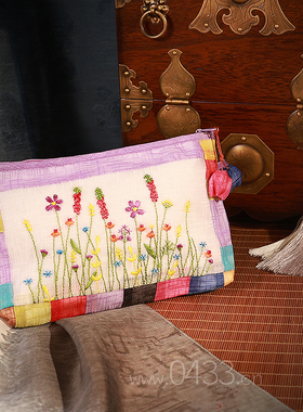 麻布双拉双面彩条绣花化妆包钱包收纳袋手工艺礼品P01633
