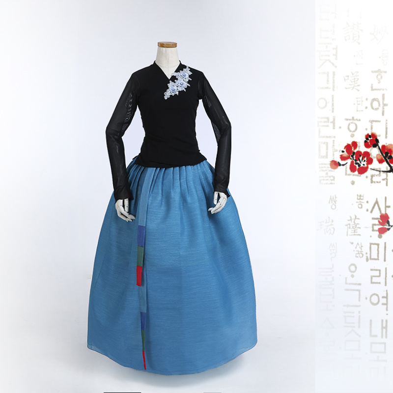 朝鲜族舞蹈练习腰裙练功服黑色网纱上衣紫微纱43号裙子U24275