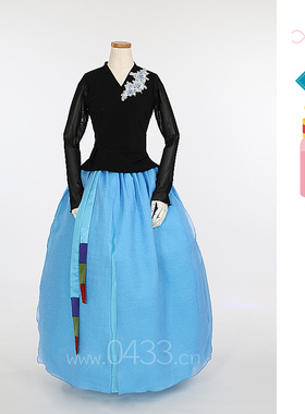 朝鲜族舞蹈练习腰裙练功服黑色网纱上衣泡纱蓝色裙子U24226