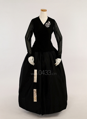 朝鲜族舞蹈练习腰裙练功服黑色网纱上衣明玉纱双层6开裙U23089